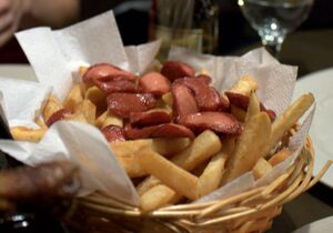 A basket with food on top of a table