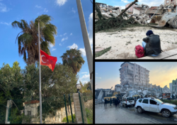 מימין לשמאל, מלמעלה למטה: איש יושב אל מול מבנים הרוסים בנפת הטאי בטורקיה, דגל טורקי מתנוסס בחצי התורן לאות אבל לאחר רעידת האדמה, מבנים הרוסים בגזיאנטפ, תחנת משטרה הרוסה בגזיאנטפ, מקלט לתושבים שהפכו לחסרי בית לאחר שביתם התמוטט